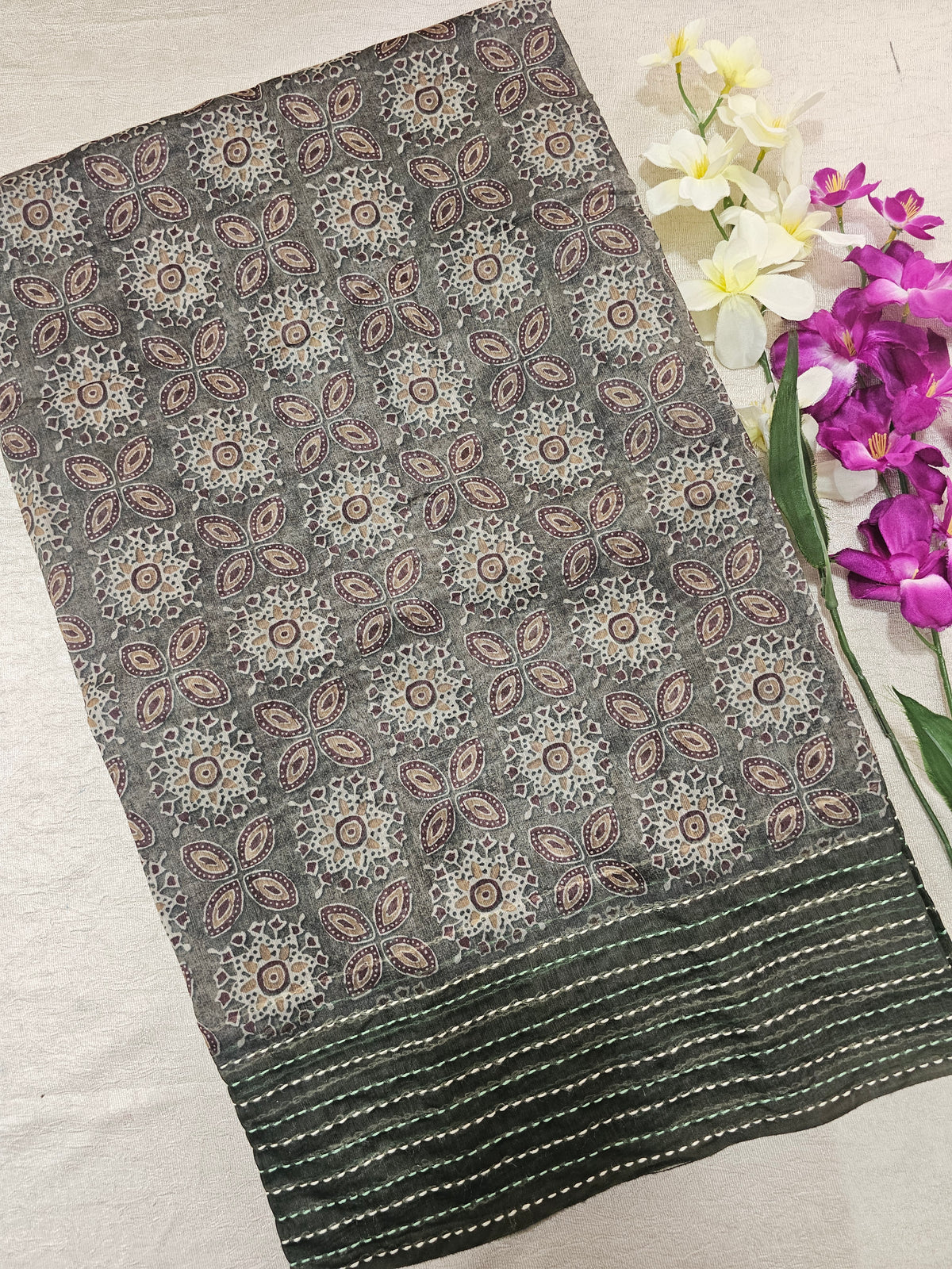 Chanderi Saree with Katha  - Green