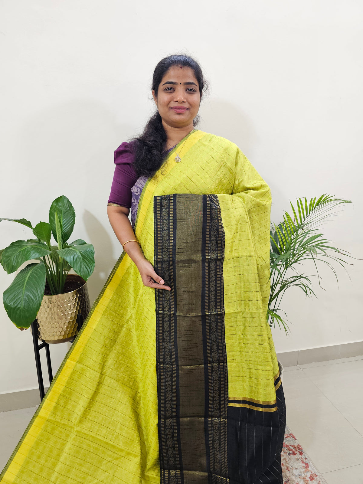 Semi Raw Silk Saree - Lime Yellow with Black