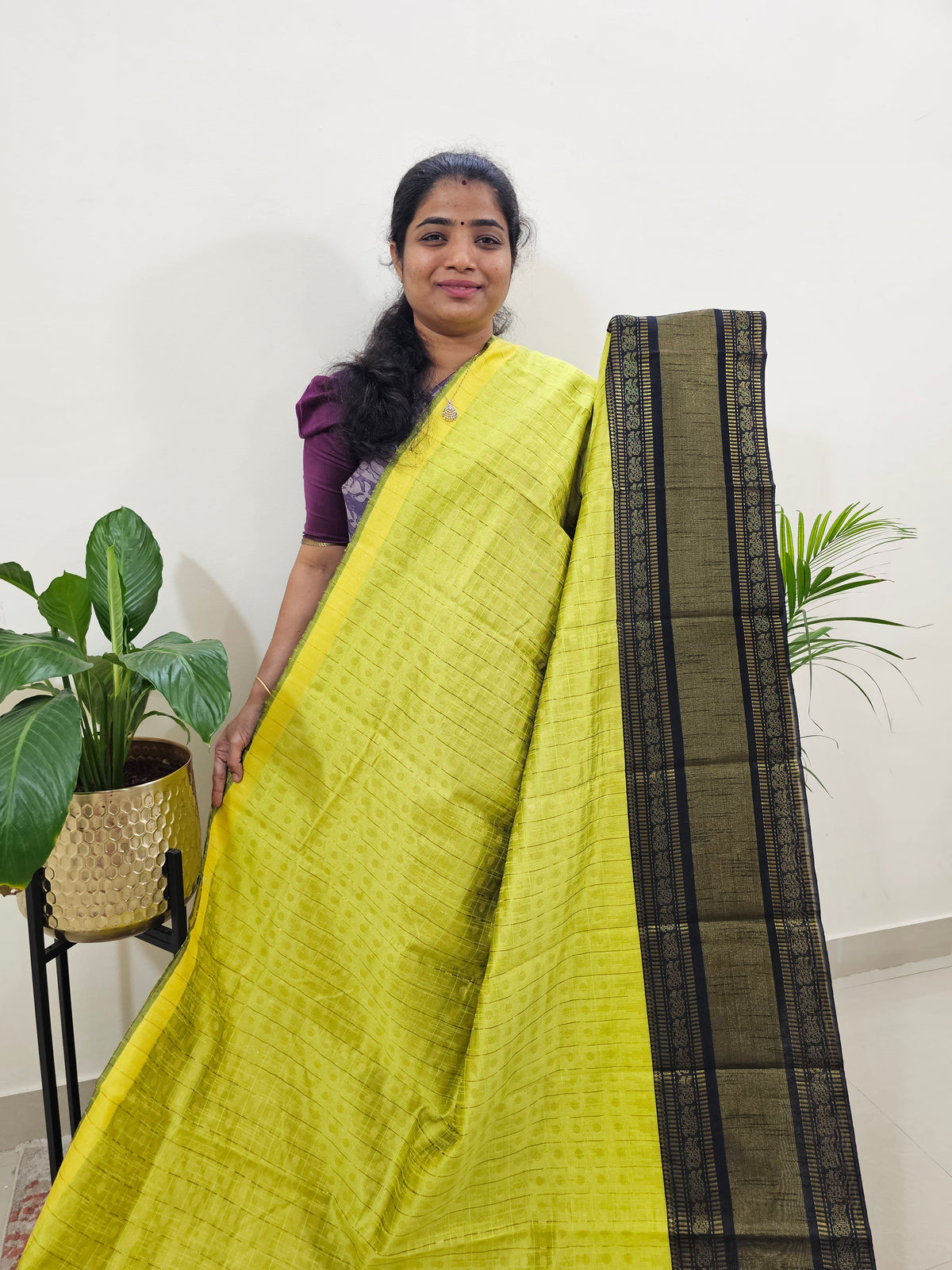 Semi Raw Silk Saree - Lime Yellow with Black