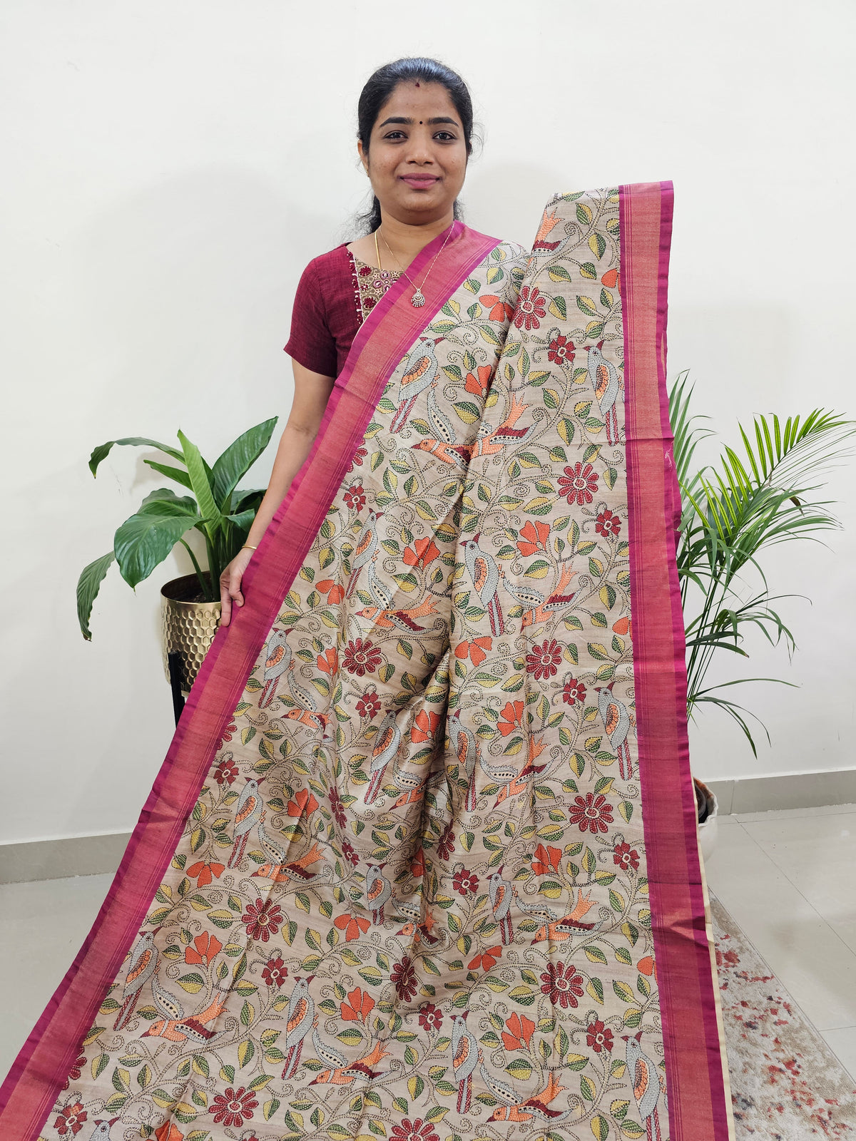 Semi Tussar with Digital Print Saree -Beige with Pink