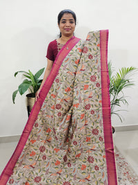 Semi Tussar with Digital Print Saree -Beige with Pink