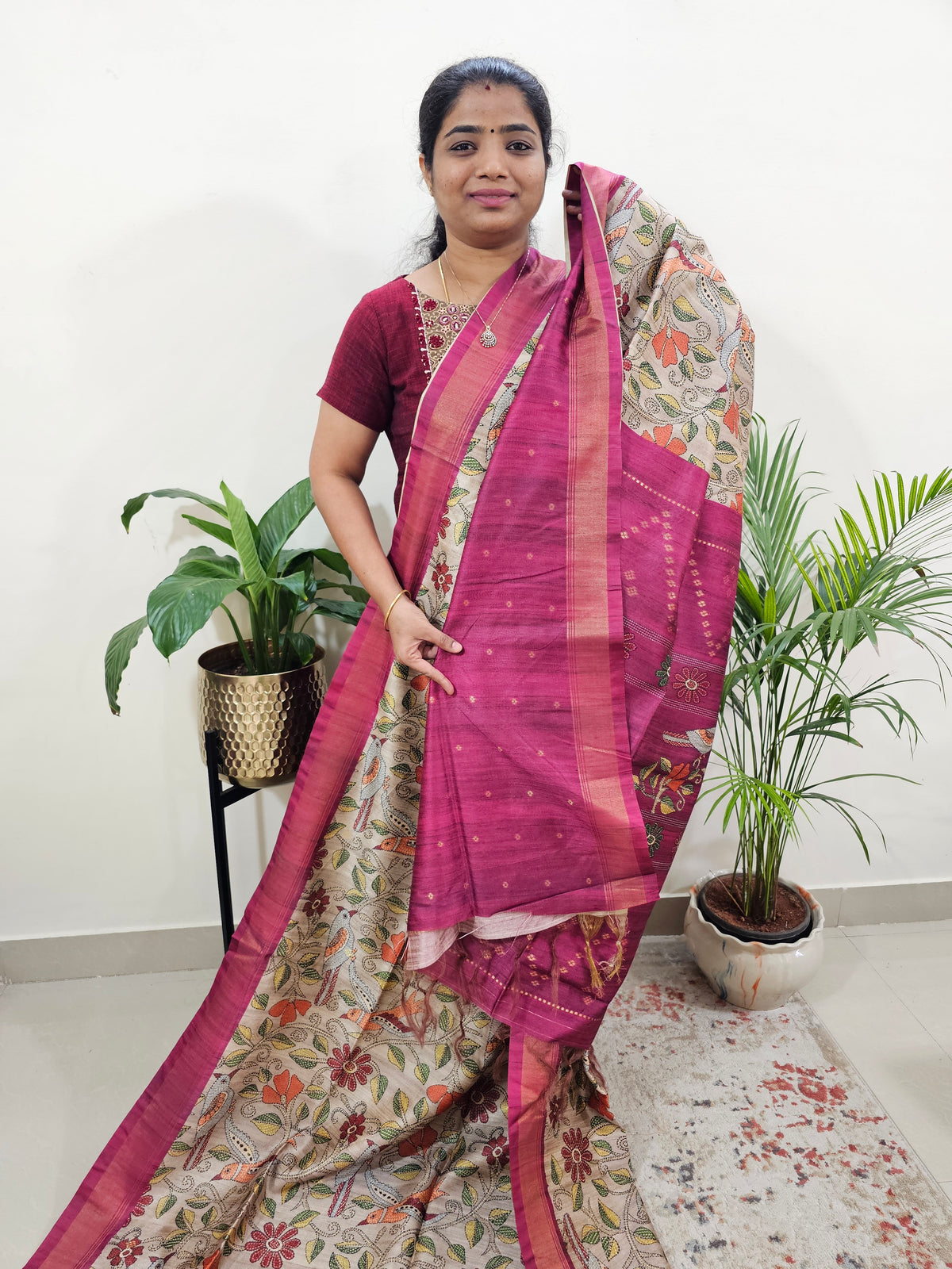 Semi Tussar with Digital Print Saree -Beige with Pink