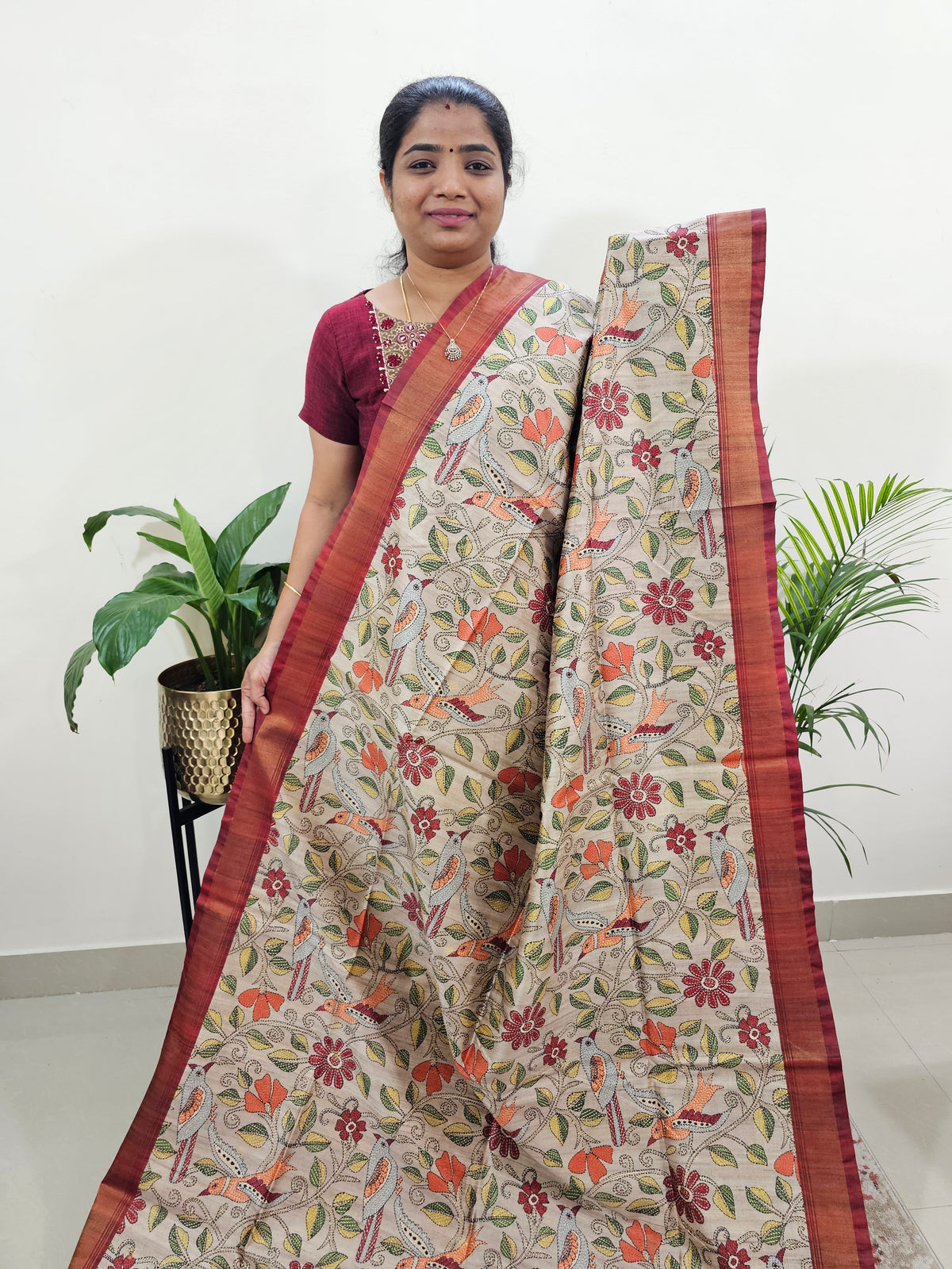 Semi Tussar with Digital Print Saree -Beige with Marron
