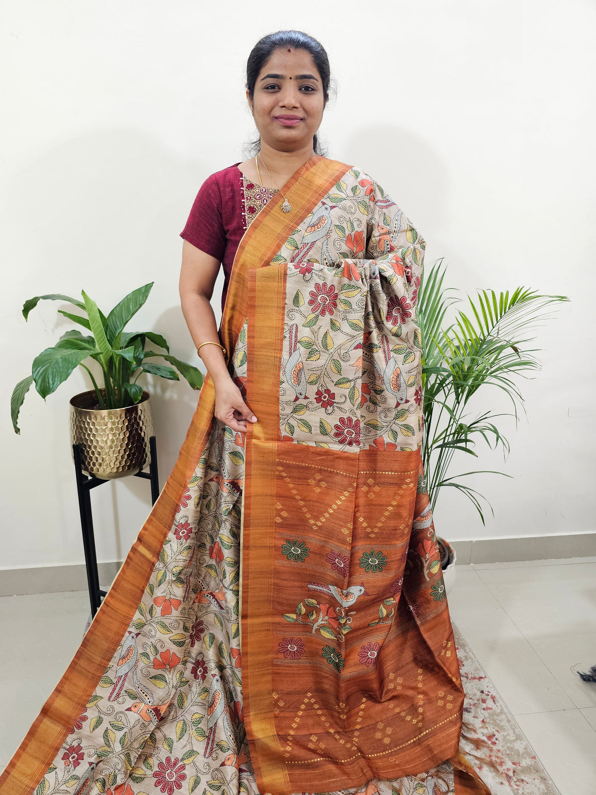 Semi Tussar with Digital Print Saree -Beige with Brown