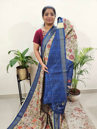 Semi Tussar with Digital Print Saree -Beige with Blue