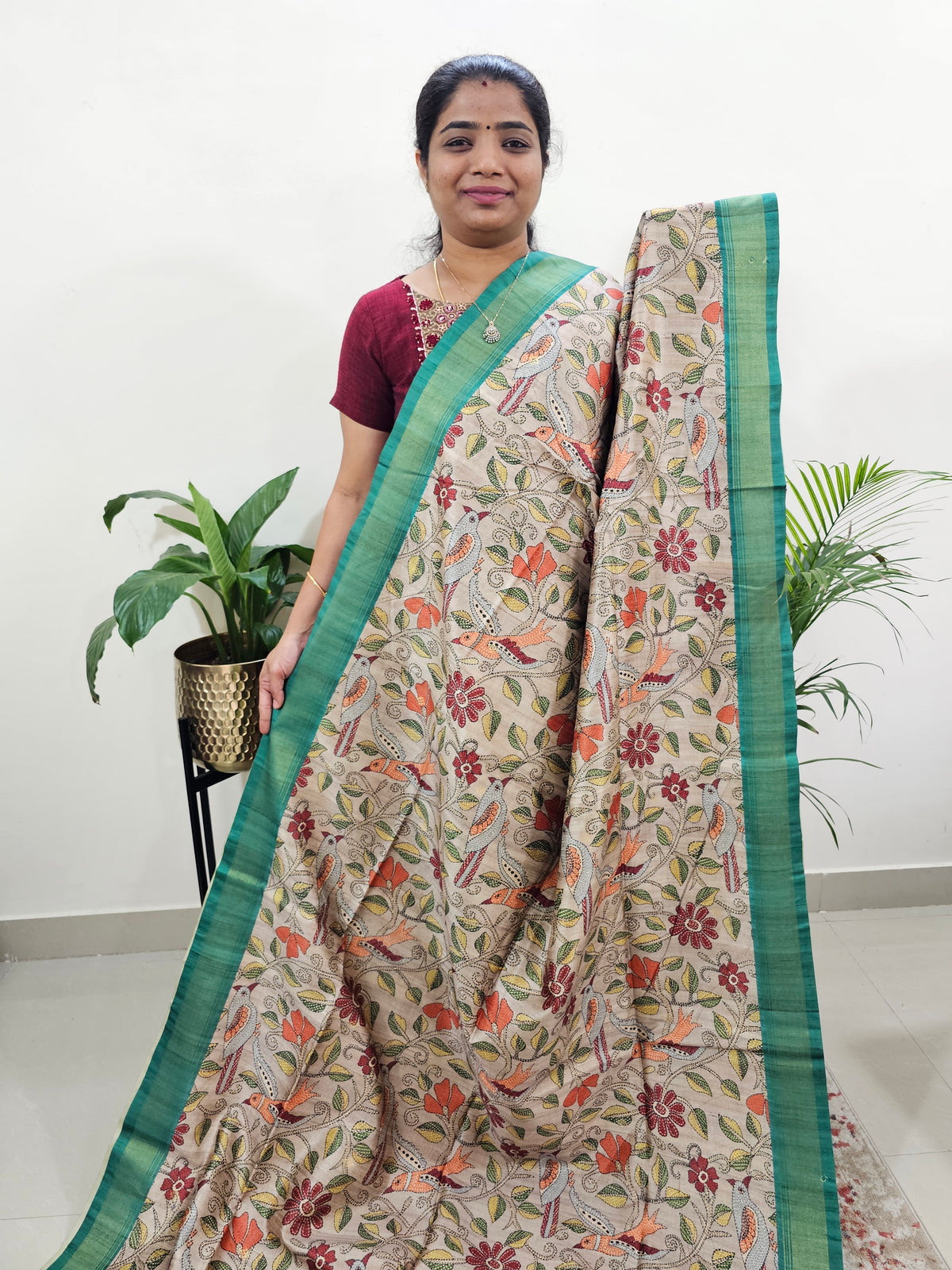 Semi Tussar with Digital Print Saree -Beige with Green