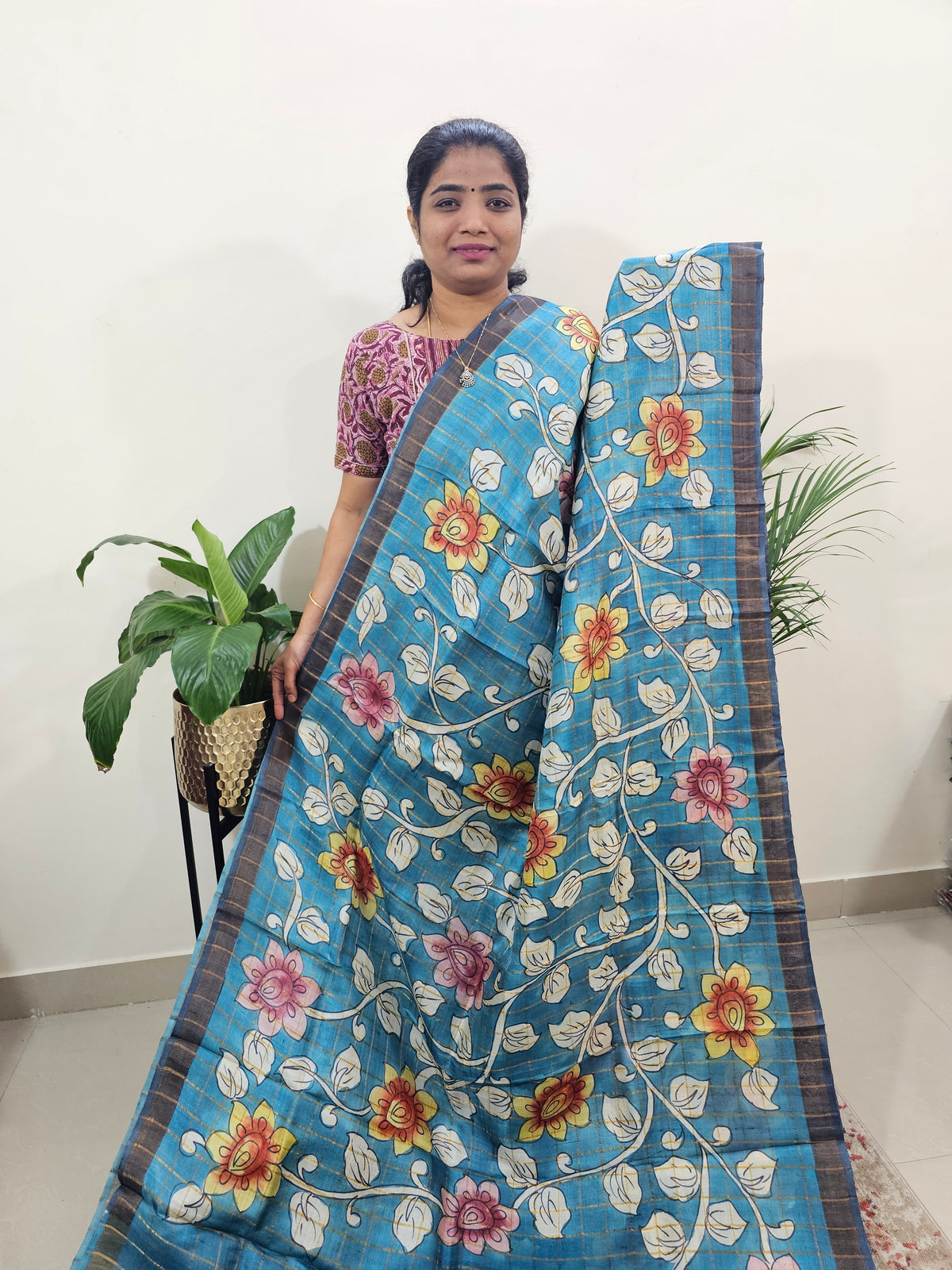 Pure Tussar Silk with Hand Paint -Peacock Blue with Grey