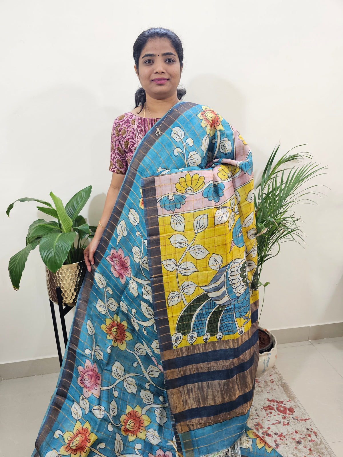 Pure Tussar Silk with Hand Paint -Peacock Blue with Grey