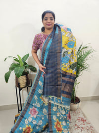 Pure Tussar Silk with Hand Paint -Peacock Blue with Grey