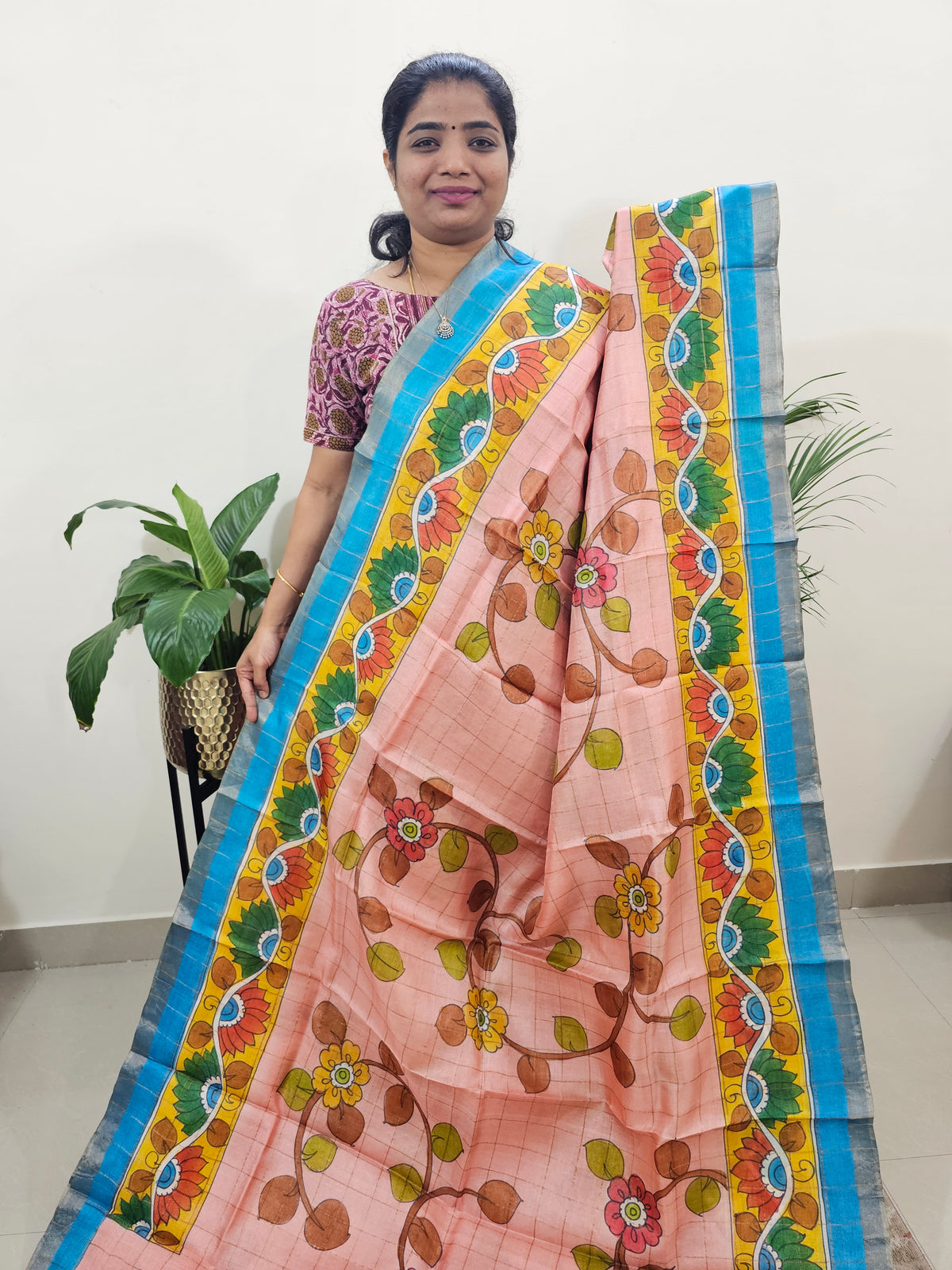 Pure Tussar Silk with Hand Paint - Peach with Blue