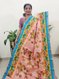 Pure Tussar Silk with Hand Paint - Peach with Blue