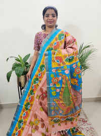 Pure Tussar Silk with Hand Paint - Peach with Blue