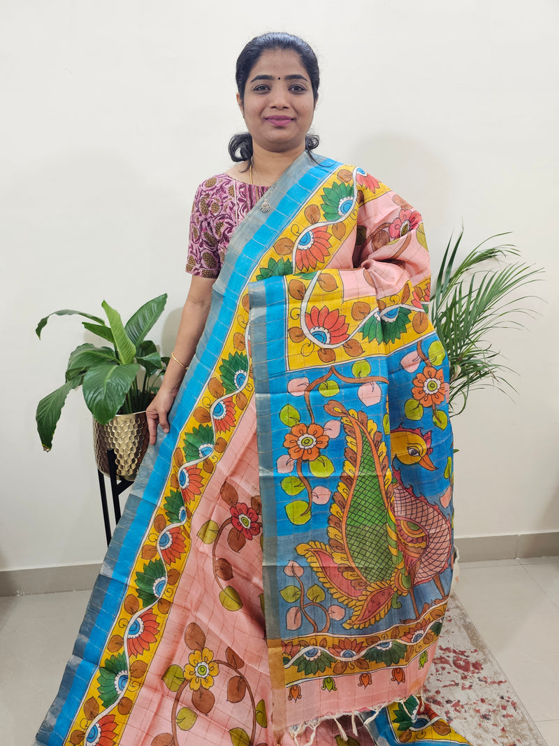 Pure Tussar Silk with Hand Paint - Peach with Blue