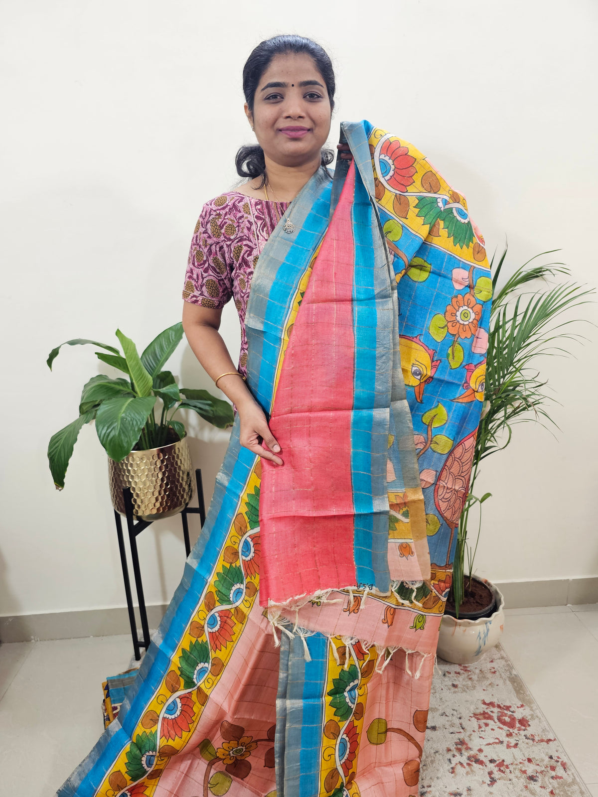 Pure Tussar Silk with Hand Paint - Peach with Blue