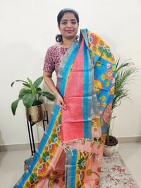 Pure Tussar Silk with Hand Paint - Peach with Blue