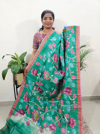 Pure Tussar Silk with Hand Paint - Green with Pink