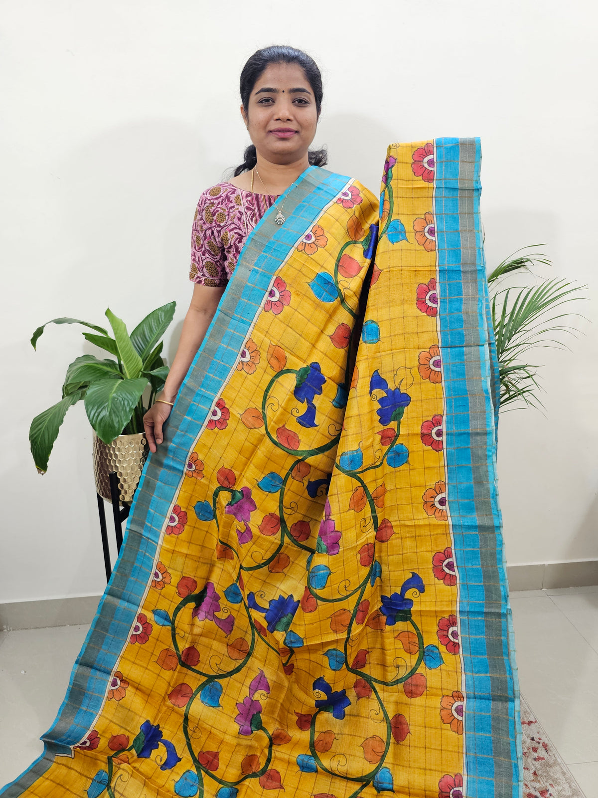 Pure Tussar Silk with Hand Paint - Yellow with Blue