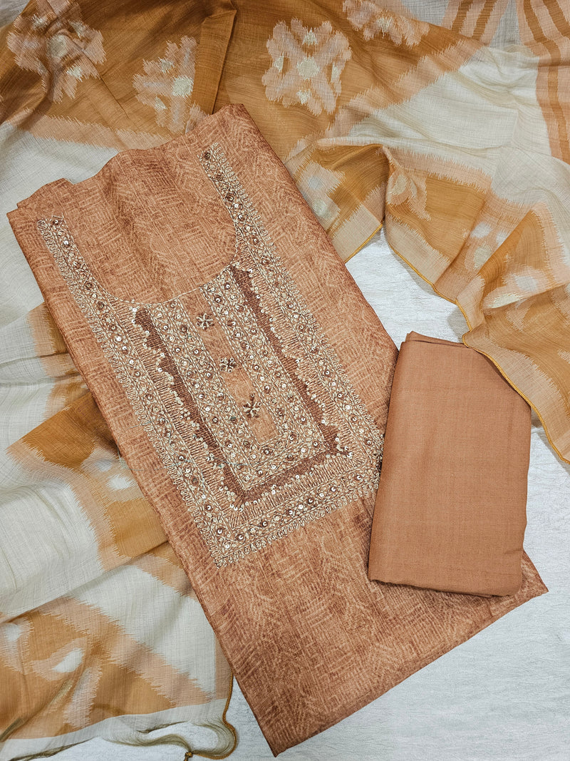 Chanderi with Kantha Unstitched Salwar Suit  - Brown