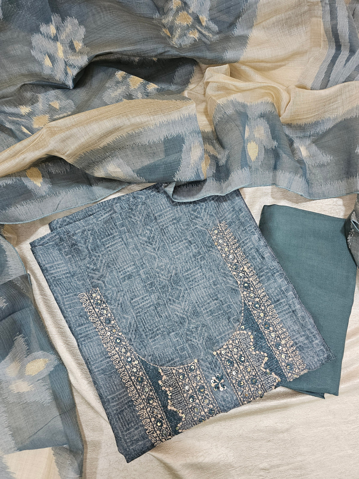 Chanderi with Kantha Unstitched Salwar Suit  - Bluish Grey