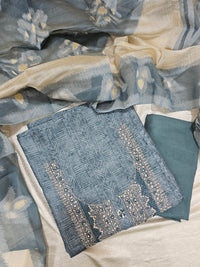 Chanderi with Kantha Unstitched Salwar Suit  - Bluish Grey