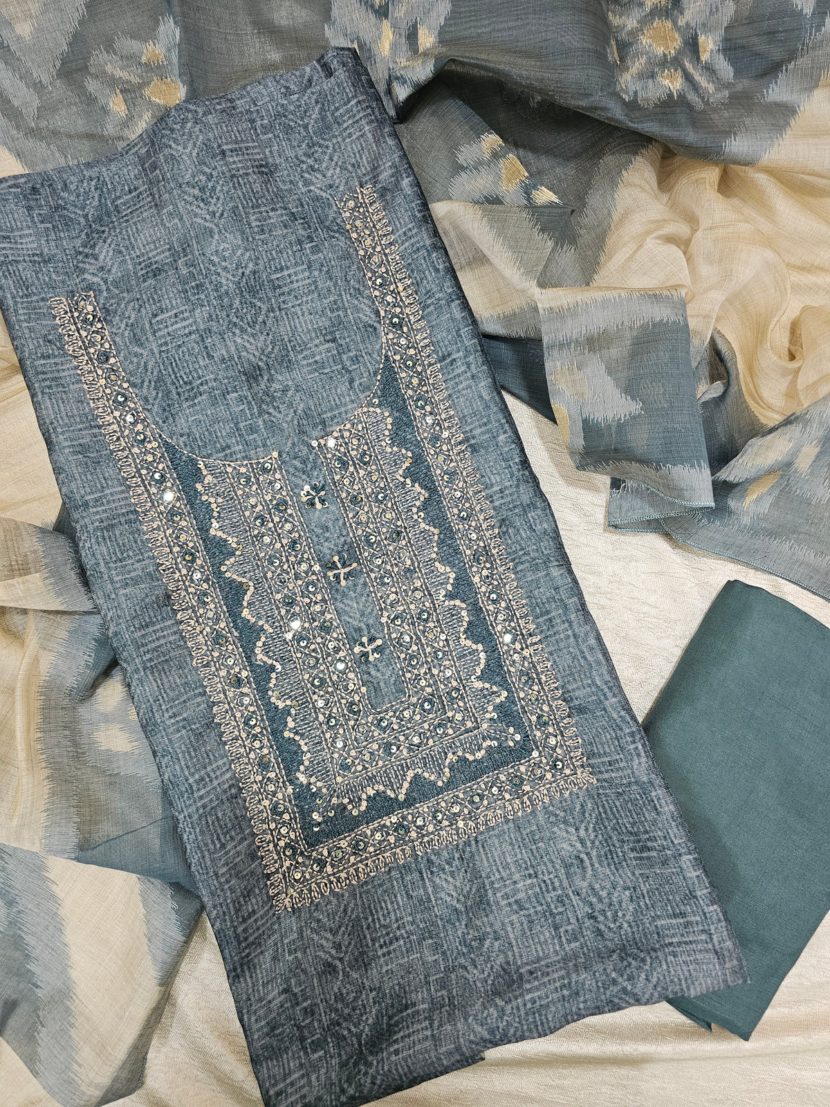 Chanderi with Kantha Unstitched Salwar Suit  - Bluish Grey