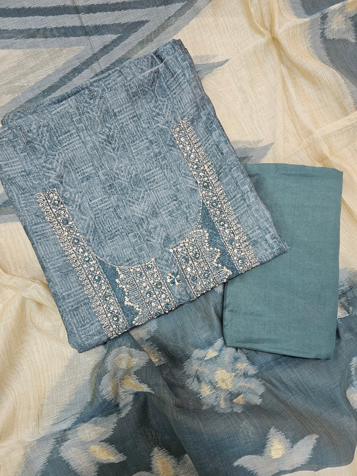 Chanderi with Kantha Unstitched Salwar Suit  - Bluish Grey