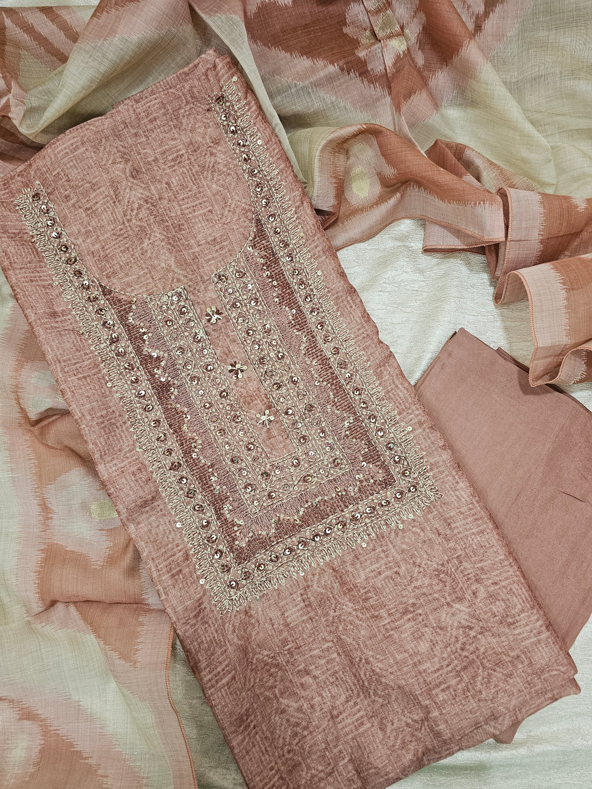 Chanderi with Kantha Unstitched Salwar Suit  - Onion Pink