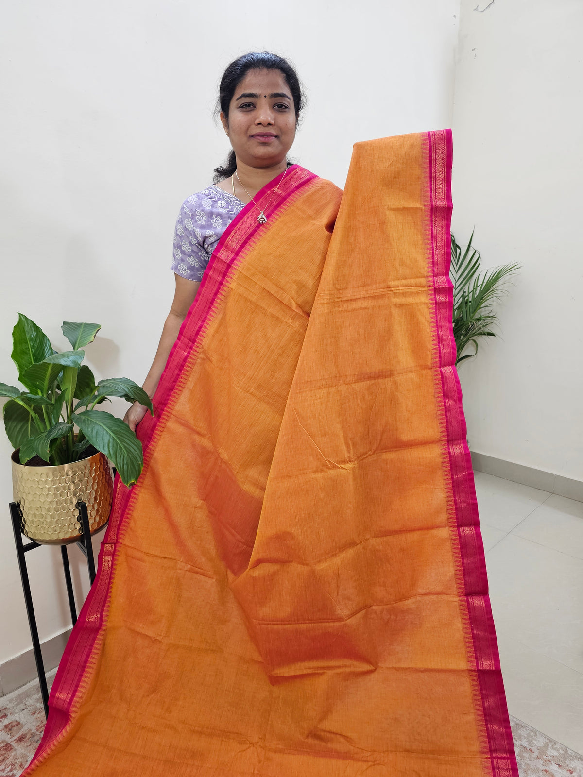 Kanchi Cotton Saree - Dual Shade Yellowish Orange