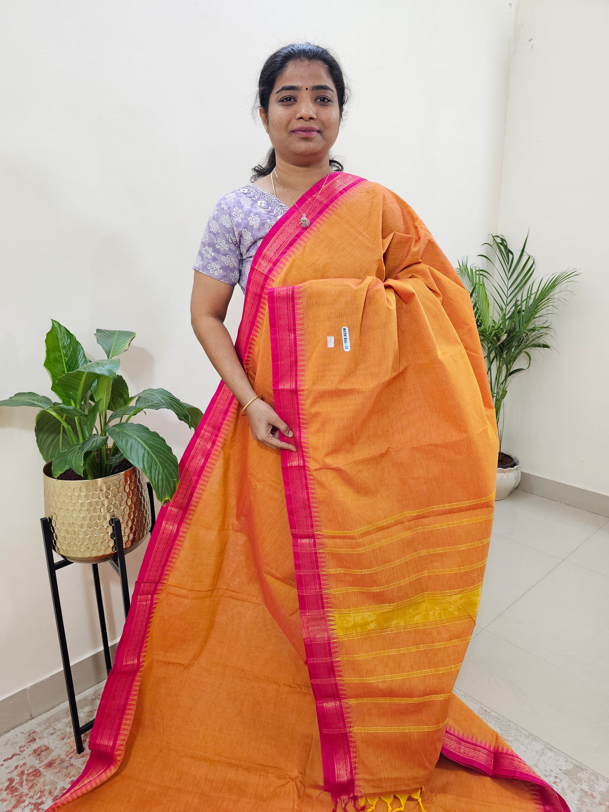 Kanchi Cotton Saree - Dual Shade Yellowish Orange