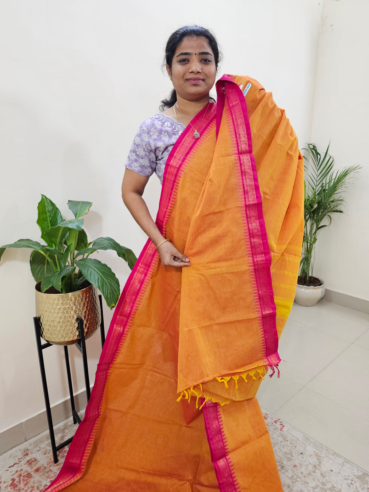 Kanchi Cotton Saree - Dual Shade Yellowish Orange