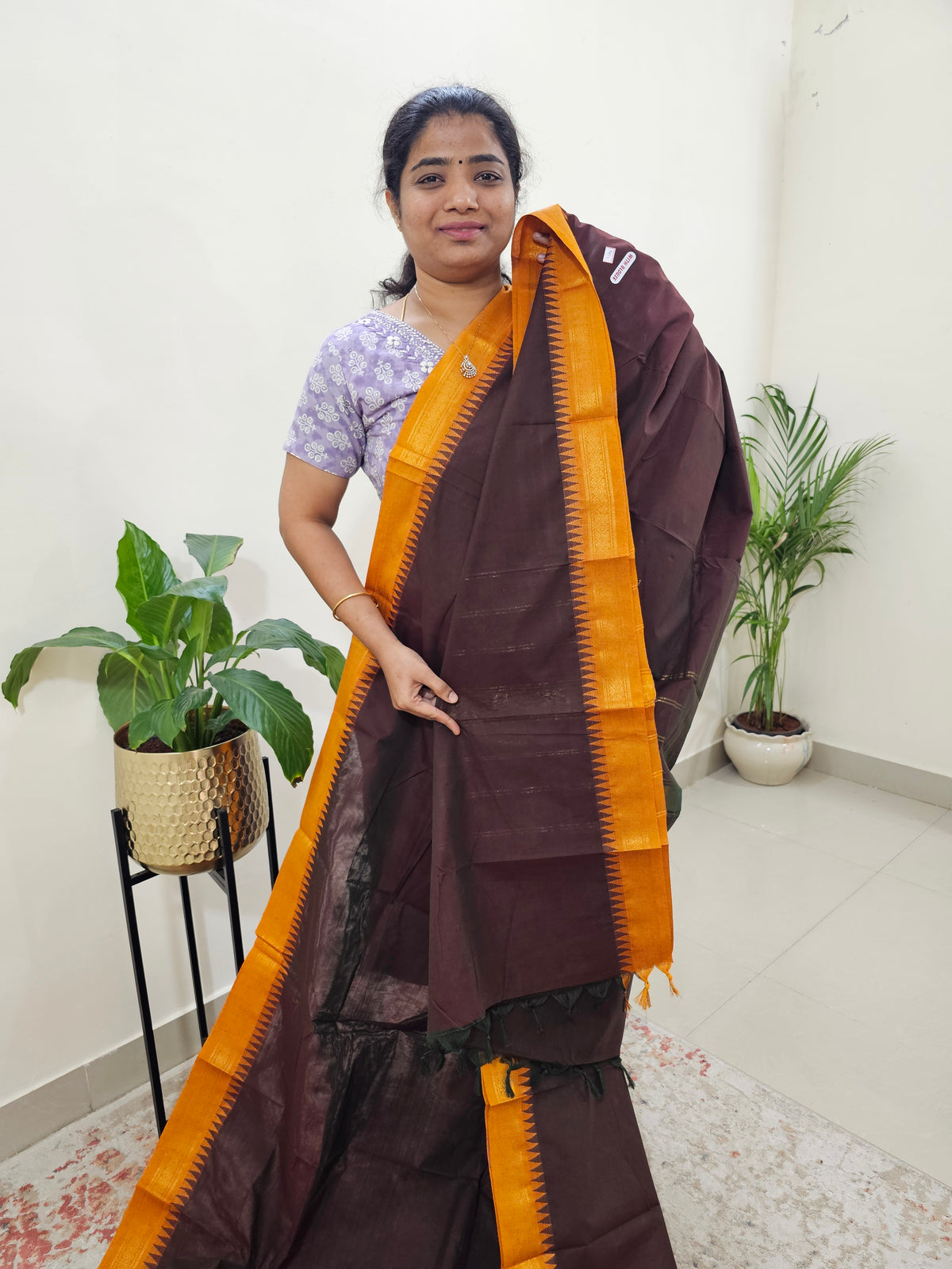 Kanchi Cotton Saree - Brown with  Orange