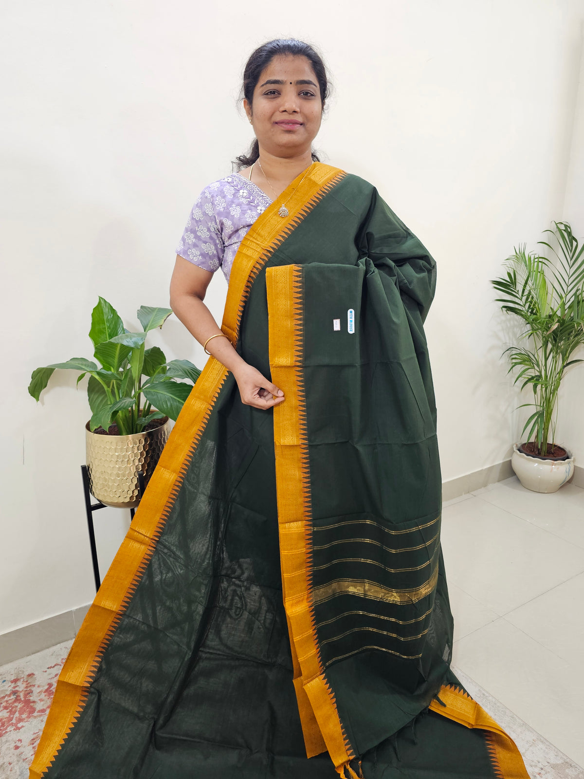 Kanchi Cotton Saree - Green with Yellow