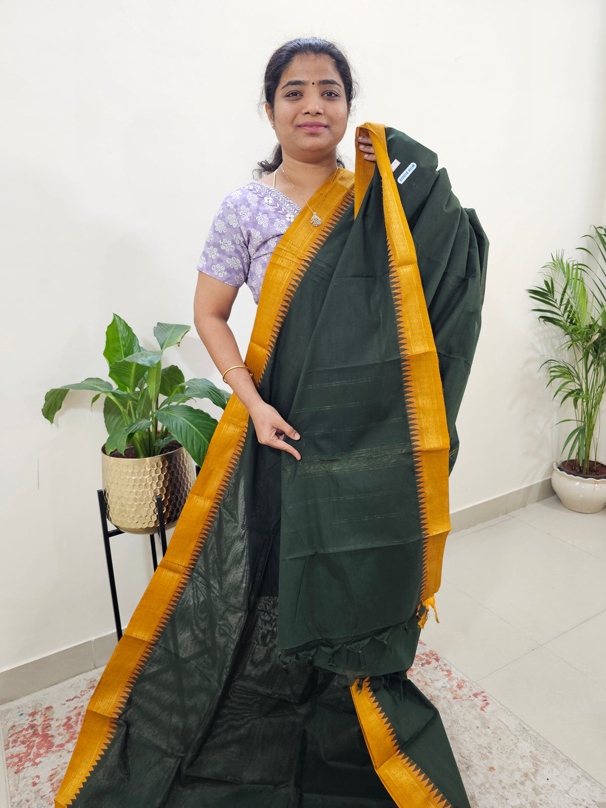 Kanchi Cotton Saree - Green with Yellow