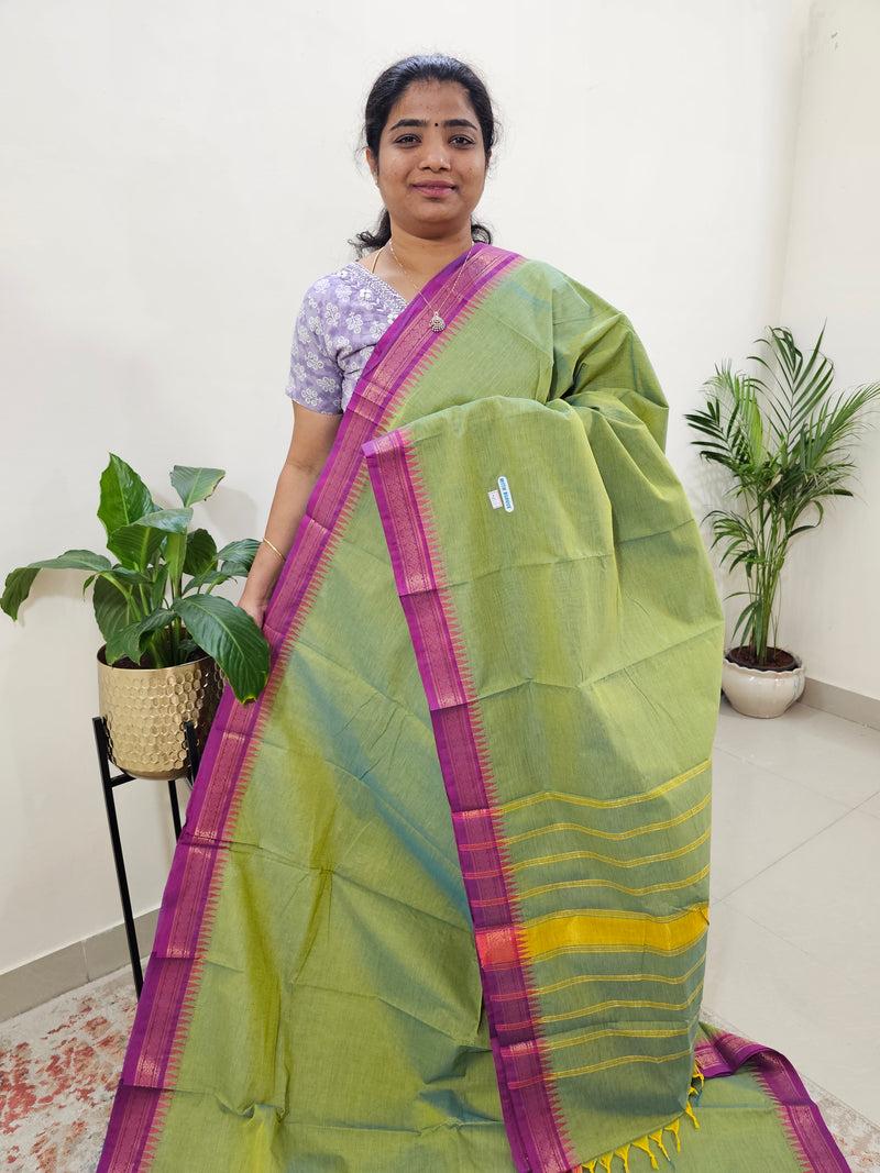 Kanchi Cotton Saree - Green with Magenta Pink