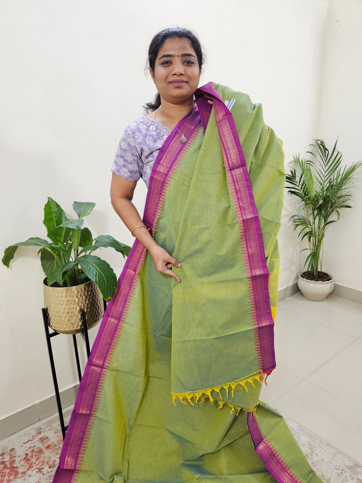 Kanchi Cotton Saree - Green with Magenta Pink