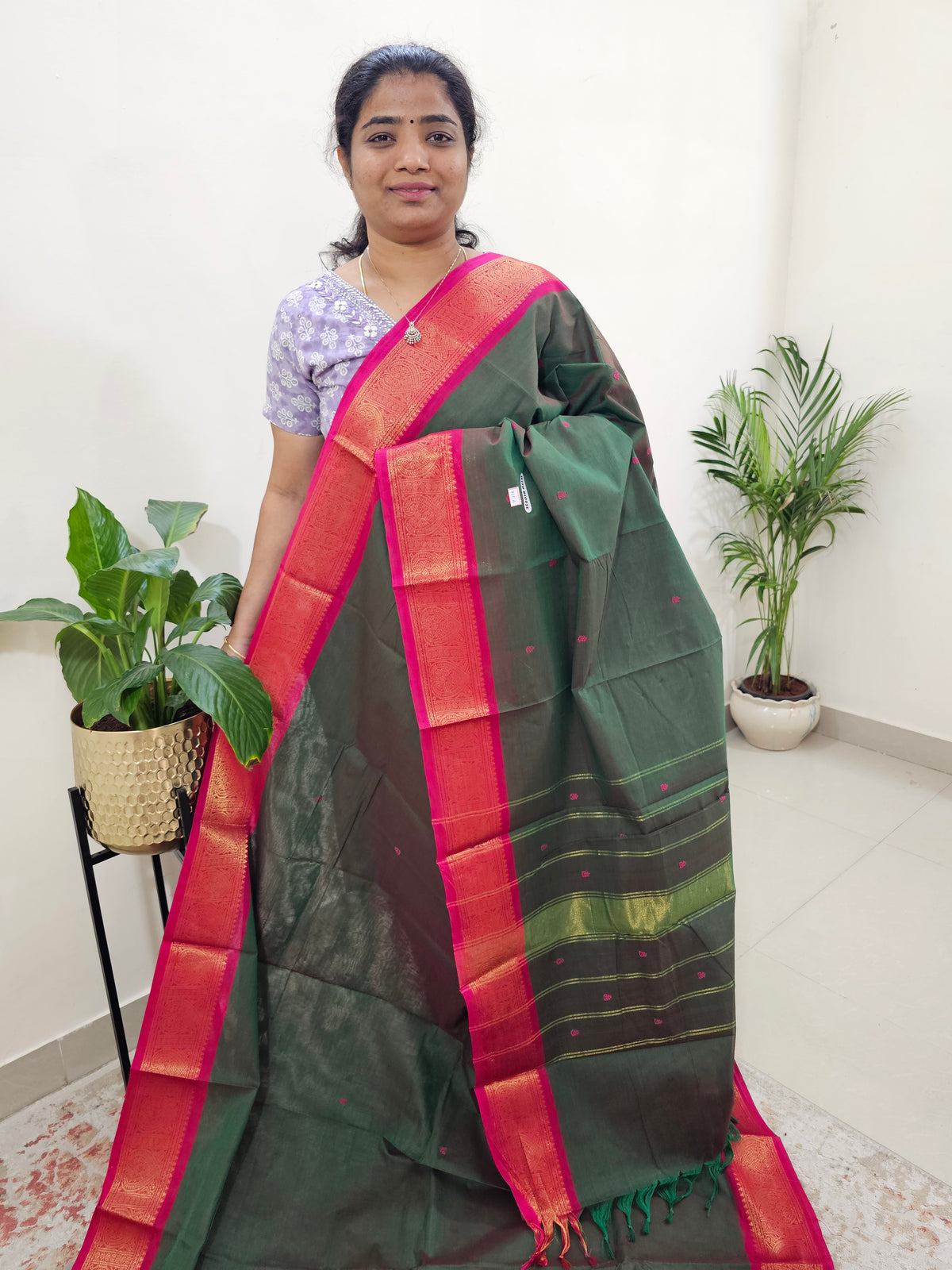 Kanchi Cotton Saree - Green with Pink