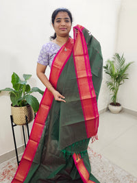 Kanchi Cotton Saree - Green with Pink