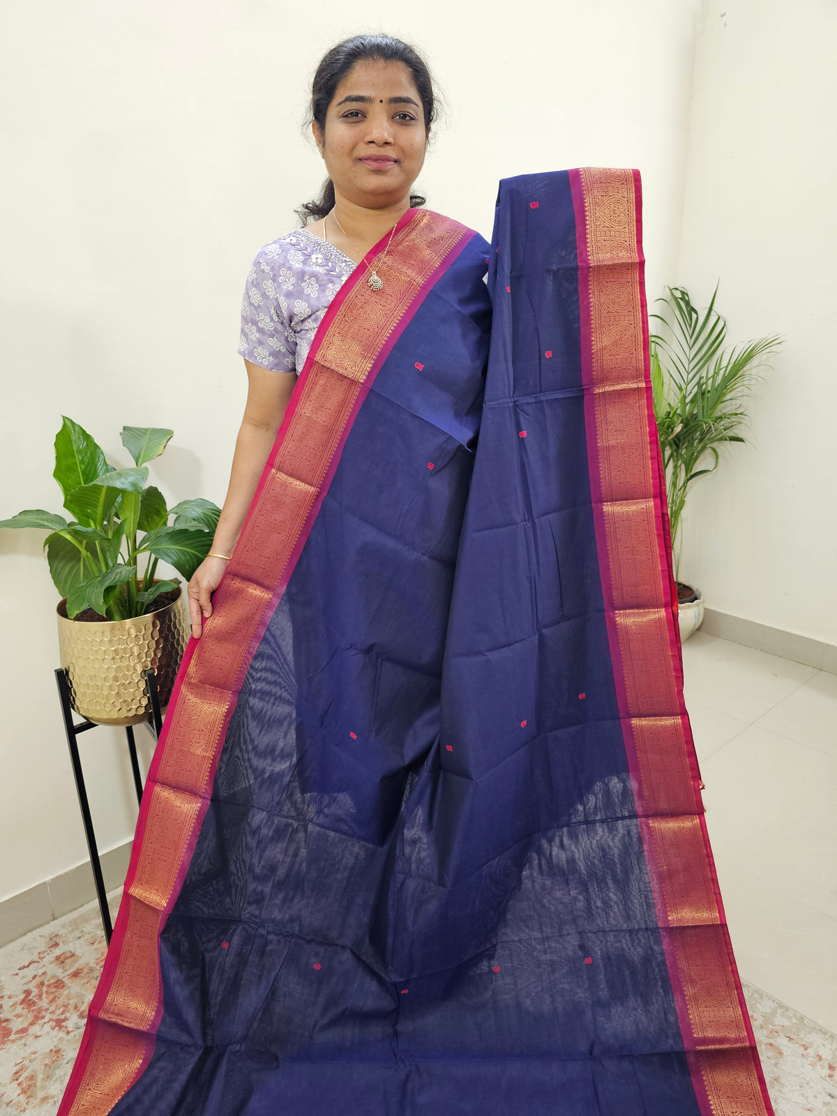 Kanchi Cotton Saree - Blue with Magenta Pink