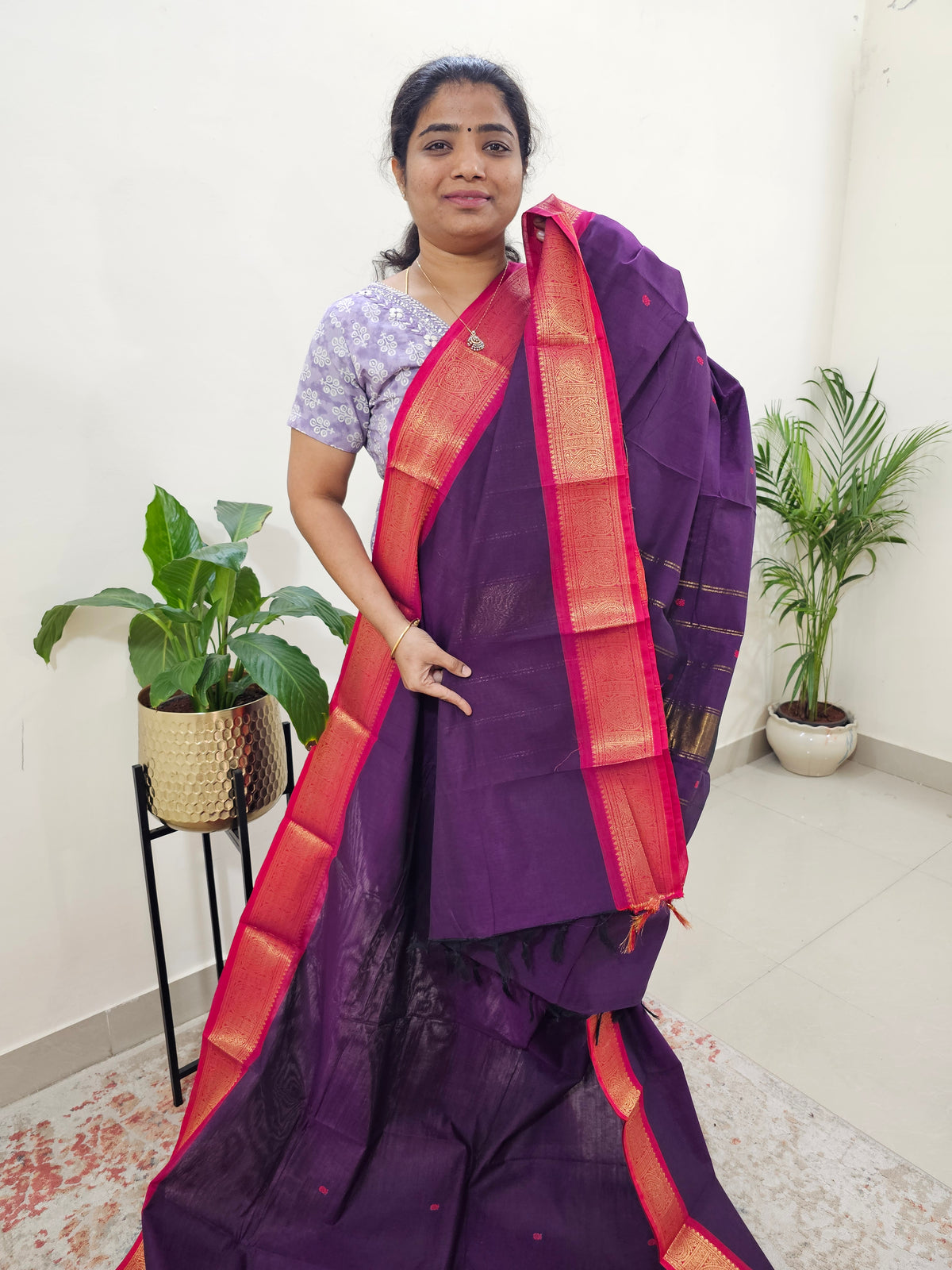 Kanchi Cotton Saree - Purple with Magenta Pink