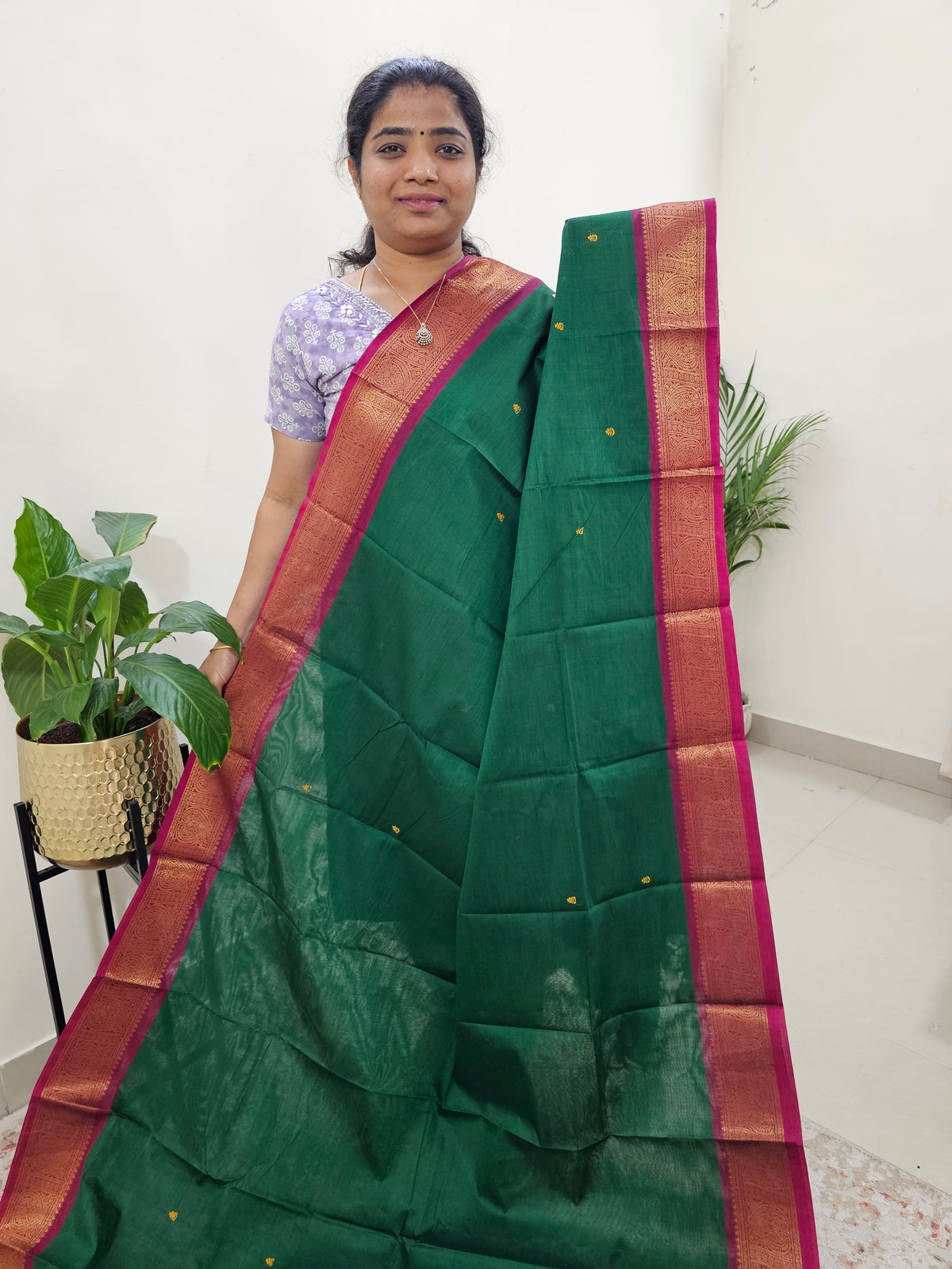 Kanchi Cotton Saree - Green with Magenta Pink