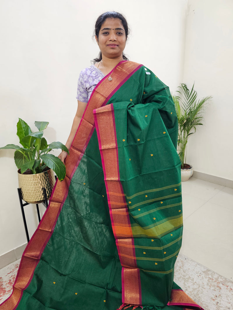 Kanchi Cotton Saree - Green with Magenta Pink