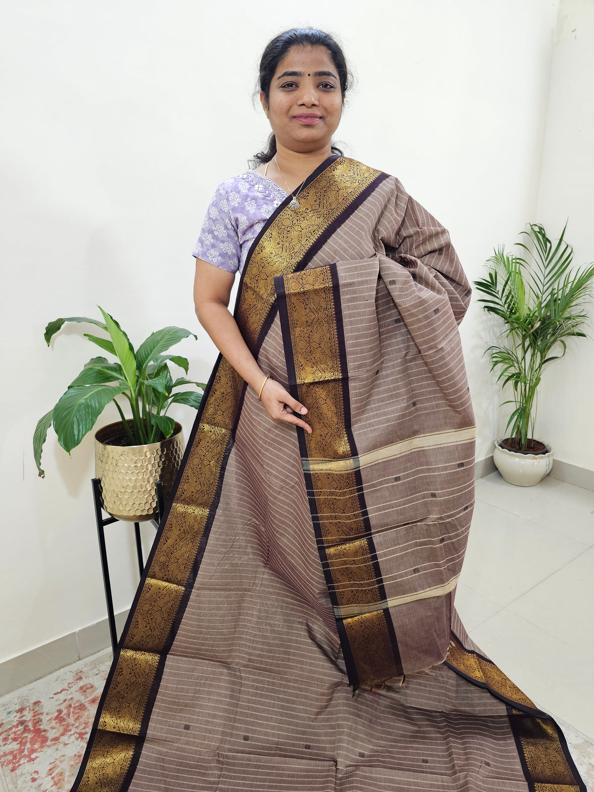 Kanchi Cotton Saree - Dark Beige