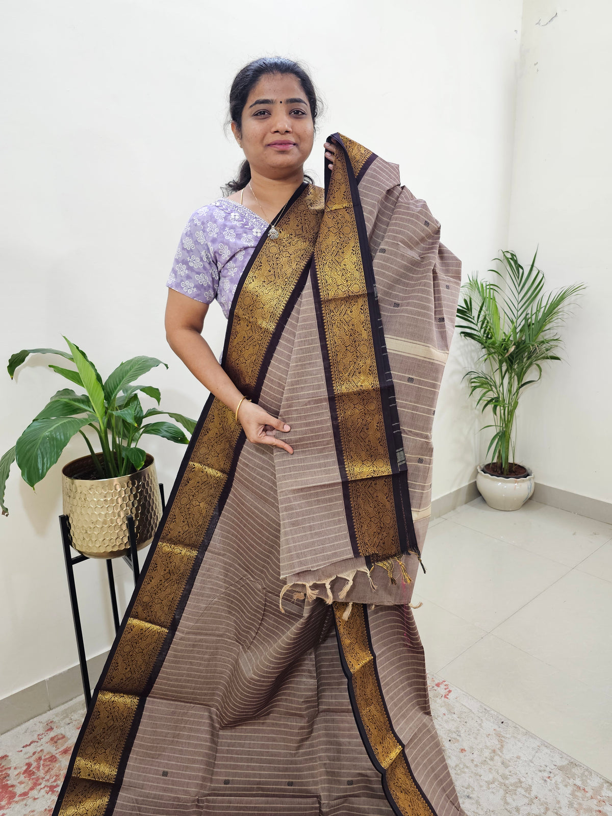 Kanchi Cotton Saree - Dark Beige