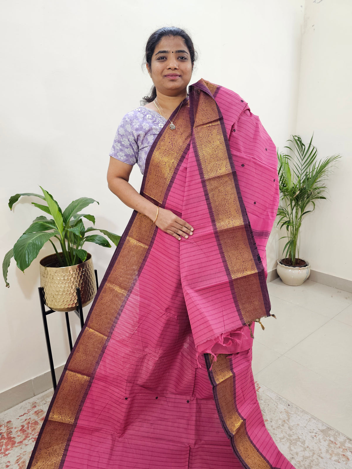 Kanchi Cotton Saree - Dark Pink