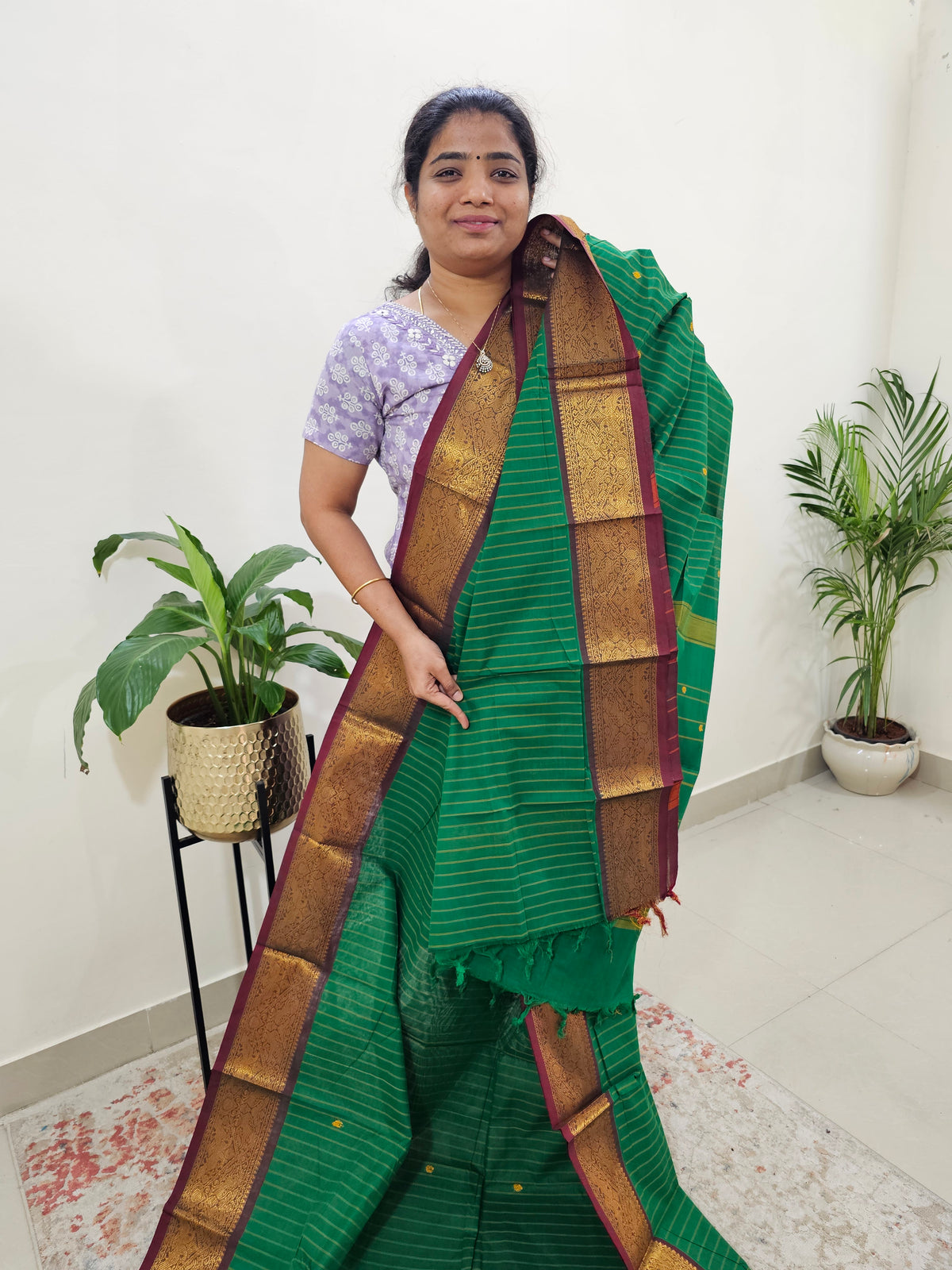 Kanchi Cotton Saree - Dark Green