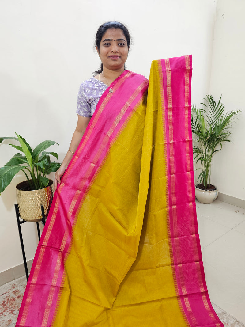 Mercerised Kanchi Cotton Saree - Yellow with Pink