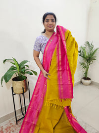 Mercerised Kanchi Cotton Saree - Yellow with Pink