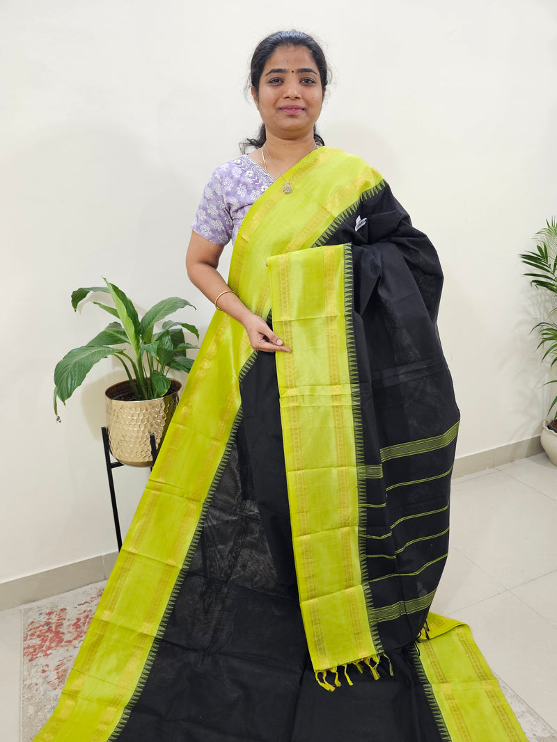 Mercerised Kanchi Cotton Saree - Black with Lime Green