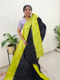 Mercerised Kanchi Cotton Saree - Black with Lime Green