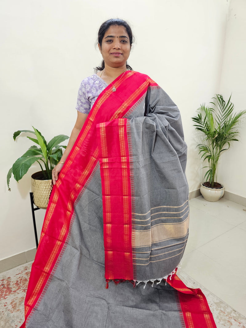 Mercerised Kanchi Cotton Saree - Grey with Red